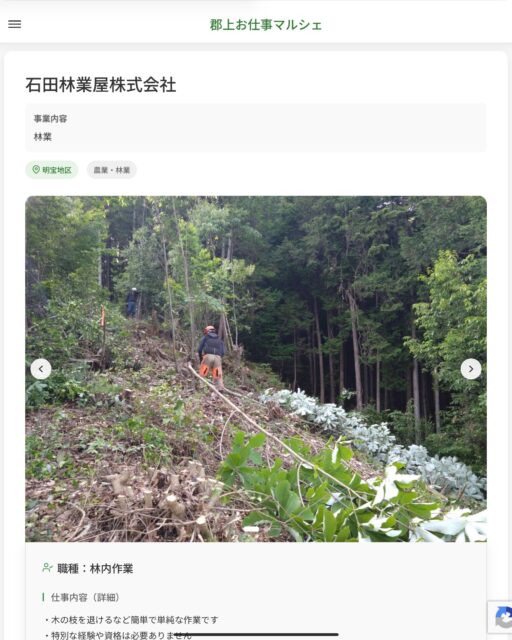 石田林業屋株式会社
事業内容
林業  職種：林内作業
仕事内容（詳細）
・木の枝を退けるなど簡単で単純な作業です
・特別な経験や資格は必要ありません
・就業（作業）場所は郡上市内の山林やそれ以外の地域となります。
・職種、就業場所　変更の範囲なし  📢その他、詳しい雇用条件はサイトをご覧ください
･･━━･･━━･･━━･･━━･･   応募・問い合わせは【郡上お仕事マルシェ】企業ページから‼︎
※募集が終了している場合がございます。
※採用、契約等に関して、当センターは関わりません。事業者と求職者等の双方の責任で行なってください。  #郡上お仕事マルシェ#短時間#短期間#お仕事#求人検索サイト
#販売#接客#飲食#清掃#軽作業#事務#データ入力#農業#林業#医療#介護#福祉#在宅ワーク#短期間ワーク#郡上で仕事#郡上でバイト#求人#アルバイト  #郡上市産業支援センター#郡上#郡上市#岐阜#産業#支援センター#人材確保